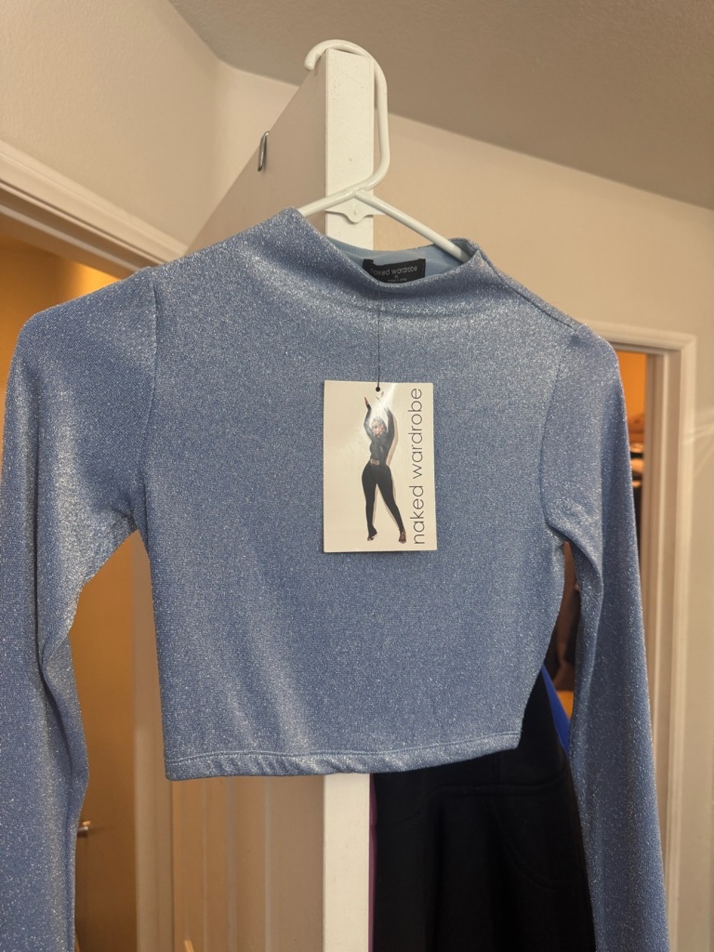 naked wardrobe Shimmery Light Blue Long-Sleeve Crop Top